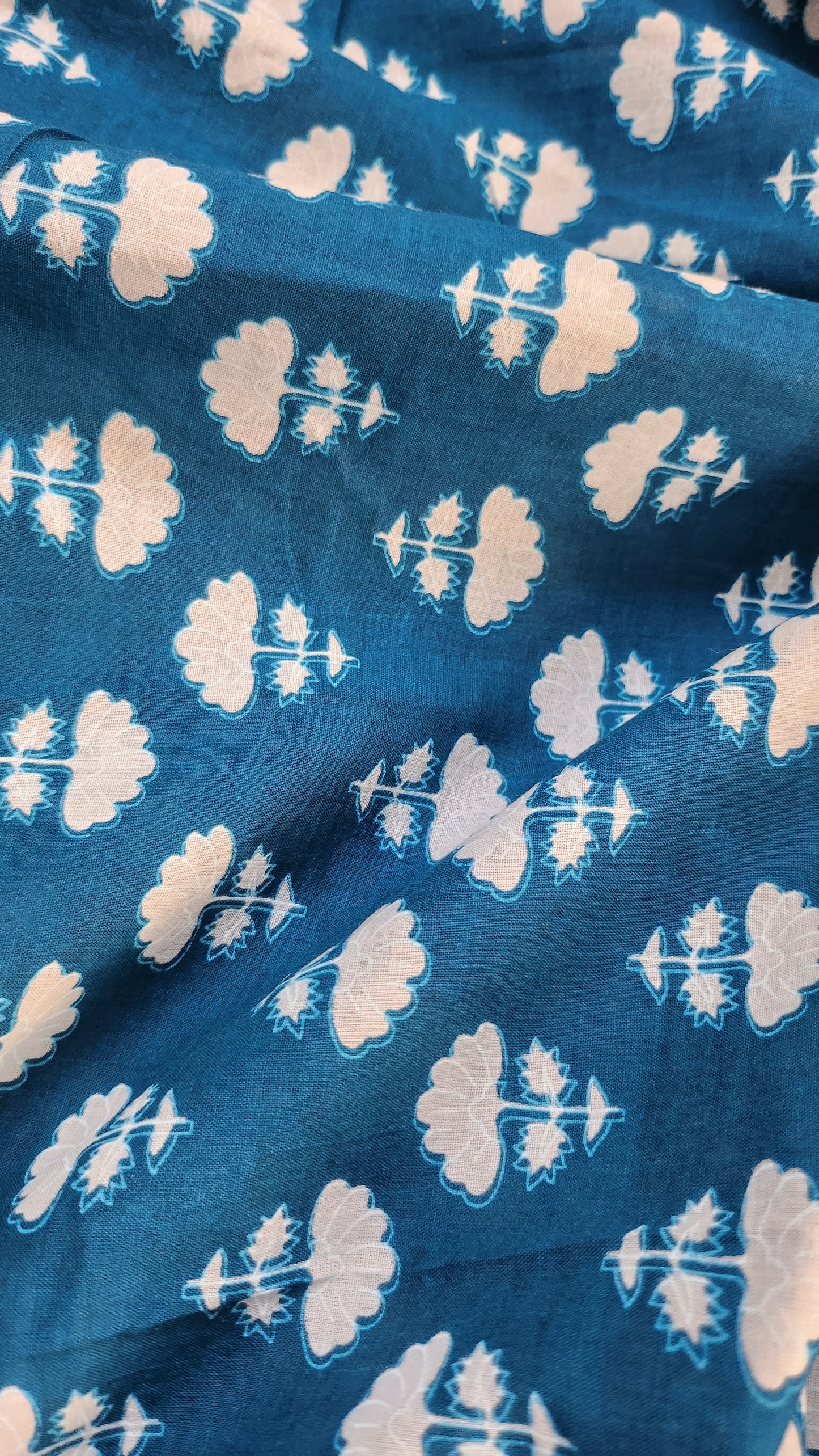 Teal Blue Color Pure Cotton fabric With White Small Floral Print