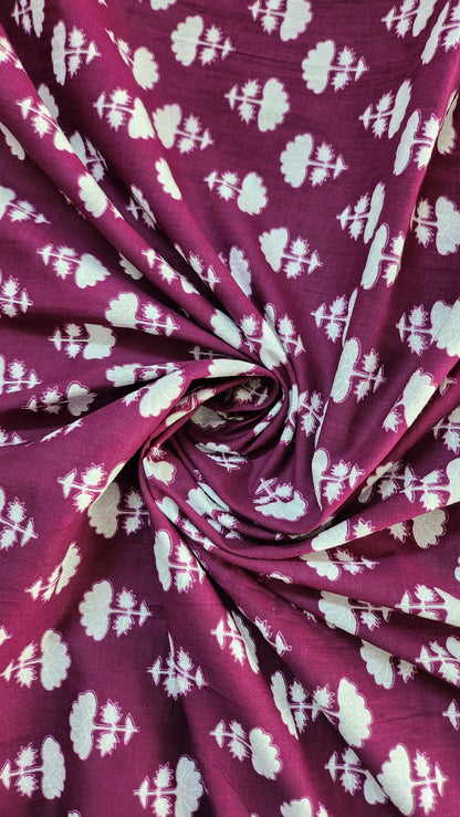 Wine Color Pure Cotton fabric With White Small Floral Print