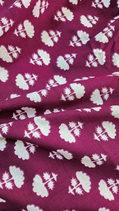 Wine Color Pure Cotton fabric With White Small Floral Print