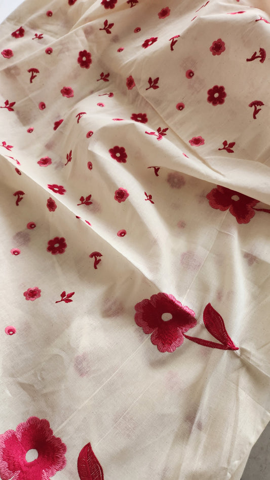 Pure Kora Cotton reddish Floral Embroidery With Daman Work