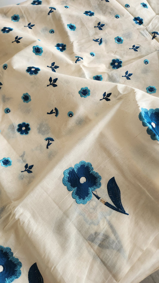 Pure Kora Cotton blue Floral Embroidery With Daman Work