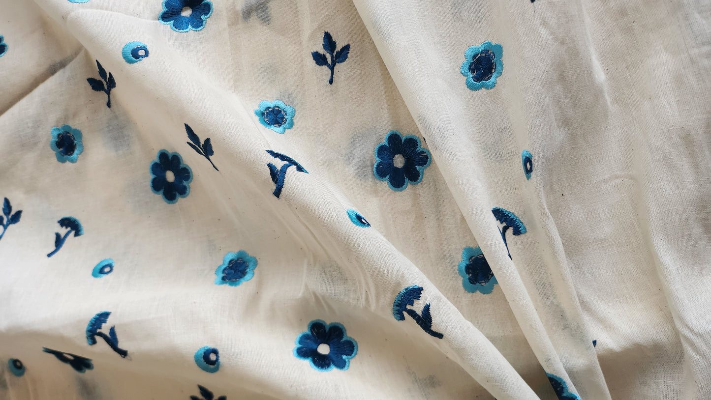 Pure Kora Cotton blue Floral Embroidery With Daman Work