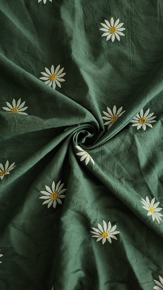 Dark Green pure Kora Cotton with Sun Flower Embroidery