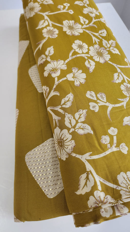 Pure Rayon Cotton Suit Set with Mustard Color Floral and Abstract Design