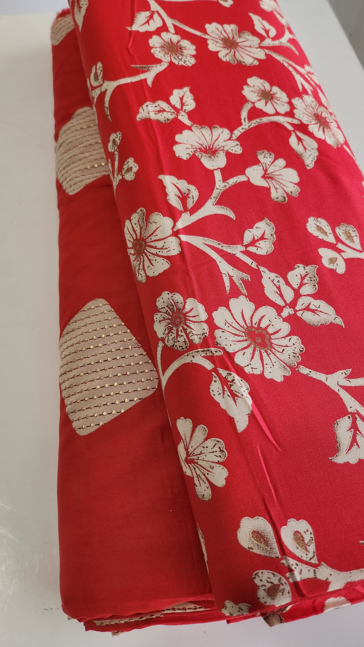 Pure Rayon Cotton Suit Set with Red Color Floral and Abstract Design