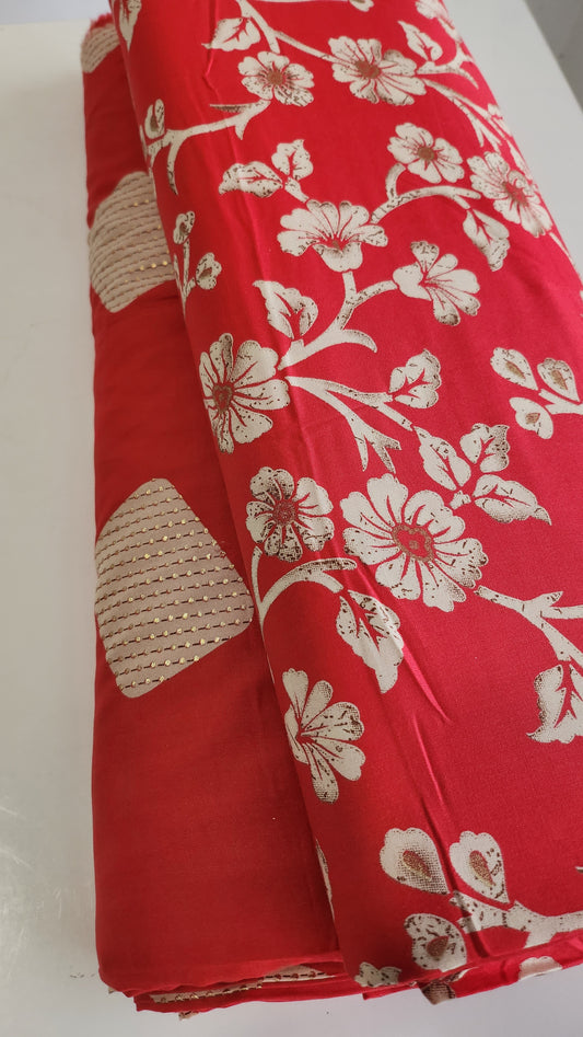 Pure Rayon Cotton Suit Set with Red Color Floral and Abstract Design