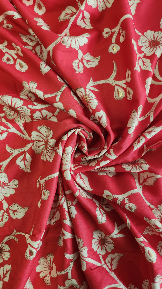 Pure Rayon Cotton Red Color Floral Design With Foil Work