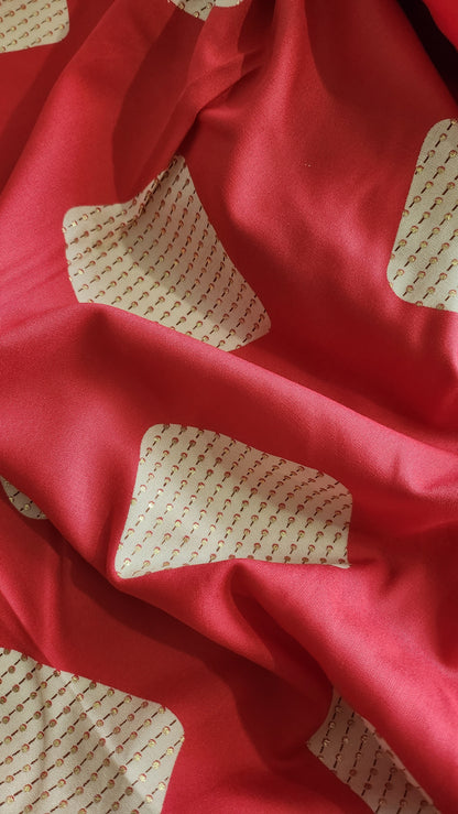 Pure Rayon Cotton Red Color Abstract Design With Foil Work