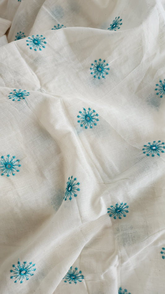 Pure Kora Cotton with Turguoise Sun Embroidery and Mirror Work