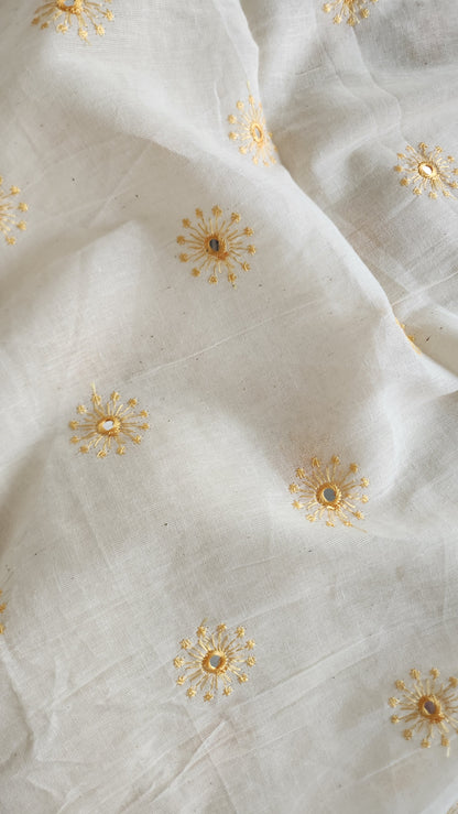 Pure Kora Cotton with Yellow Sun Embroidery and Mirror Work