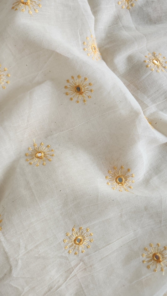 Pure Kora Cotton with Yellow Sun Embroidery and Mirror Work