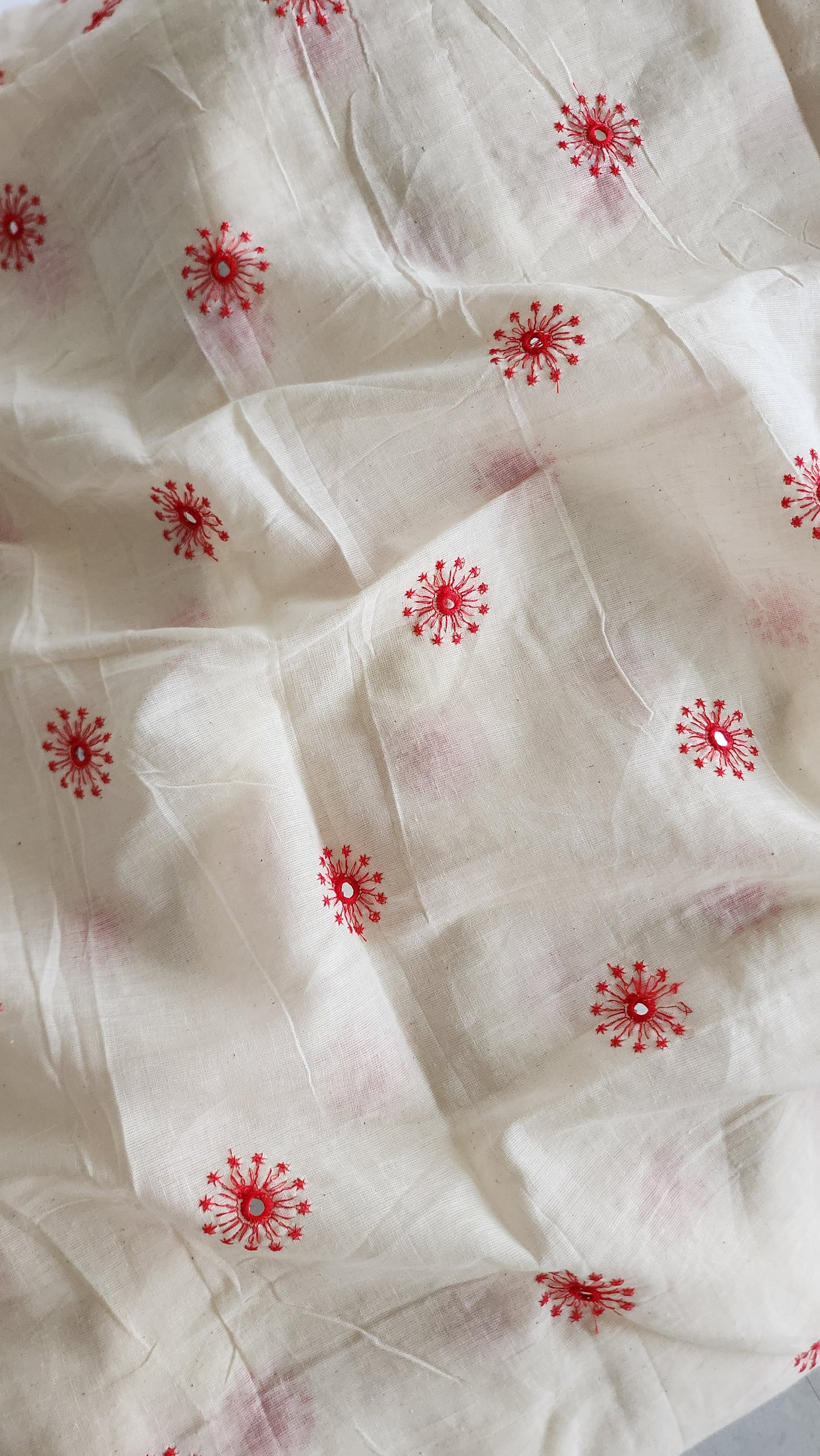 Pure Kora Cotton with Red Sun Embroidery and Mirror Work