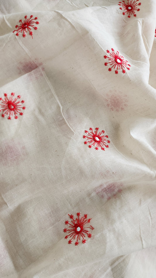 Pure Kora Cotton with Red Sun Embroidery and Mirror Work