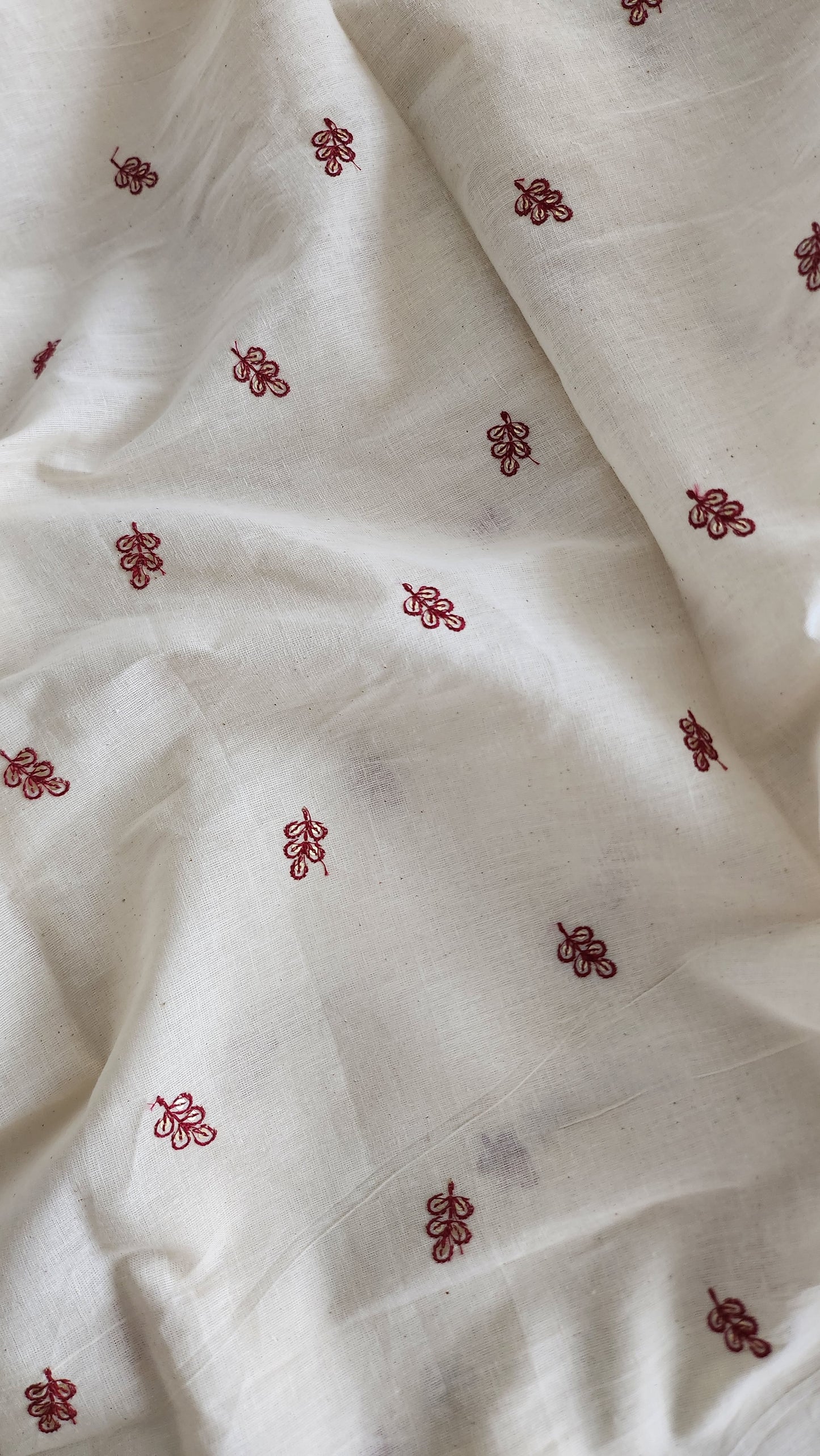 Pure Kora Cotton with Red Leaf Embroidery and sequenc Work