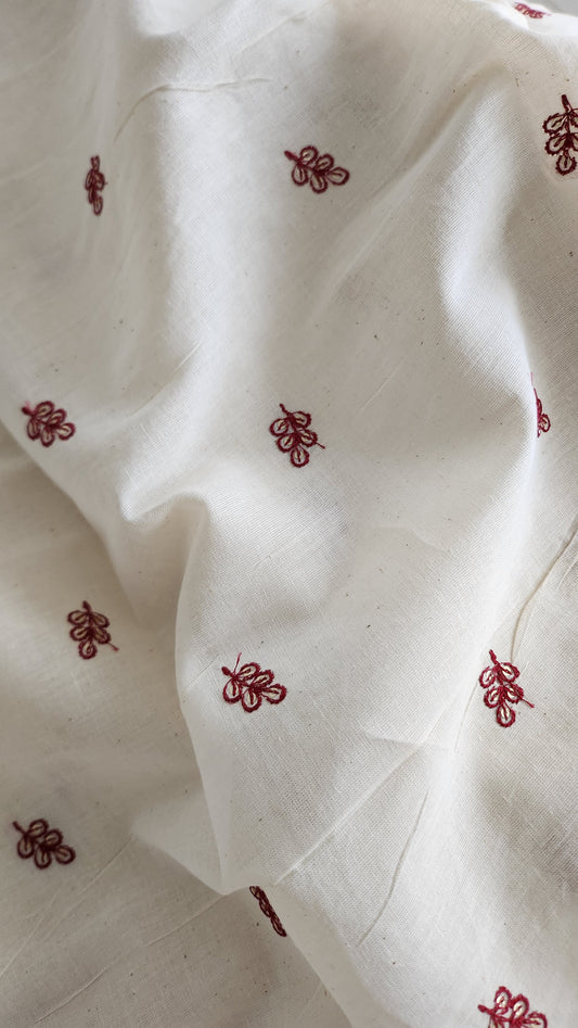 Pure Kora Cotton with Red Leaf Embroidery and sequenc Work