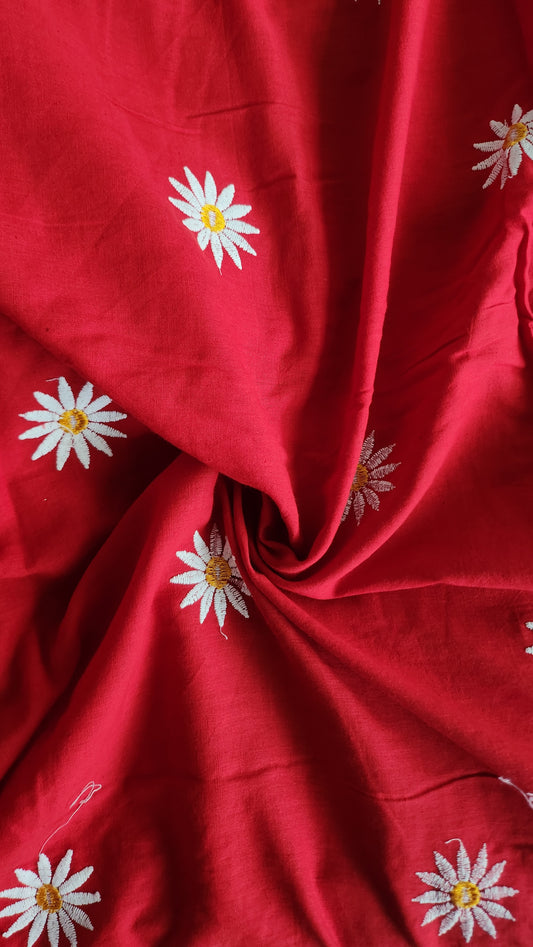 Red pure Kora Cotton with Sun Flower Embroidery