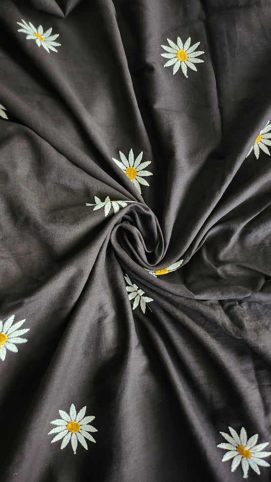 Black pure Kora Cotton with Sun Flower Embroidery