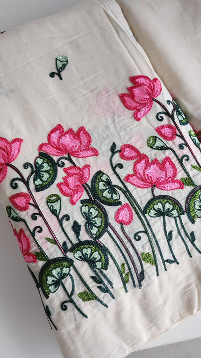 Pure kora cotton with beautiful lotus and leaf embroidery work with daman and butti all over