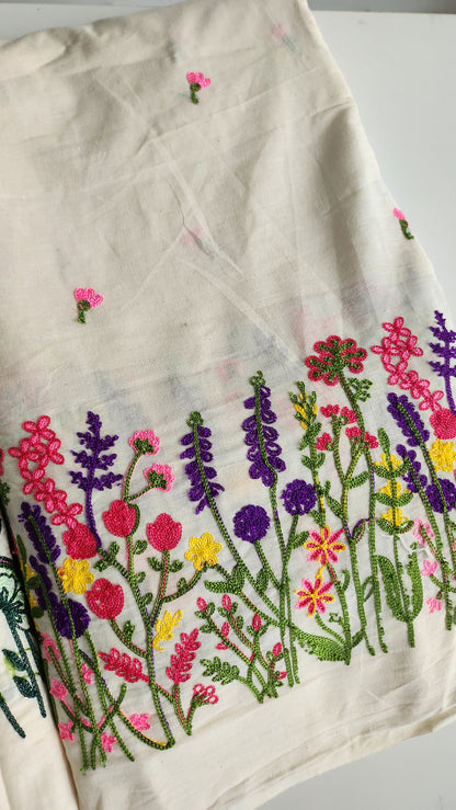 Pure kora cotton with beautiful floral and leaf embroidery work with daman and butti all over