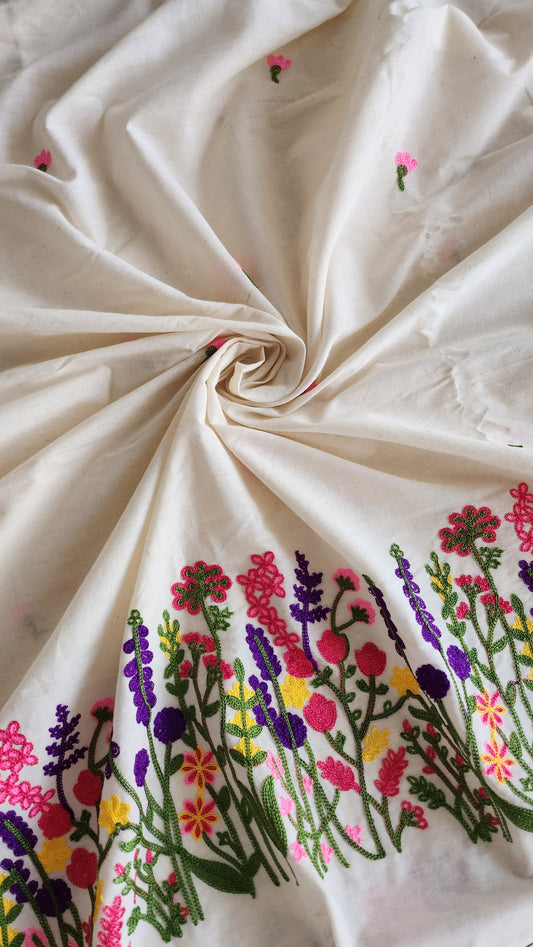 Pure kora cotton with beautiful floral and leaf embroidery work with daman and butti all over