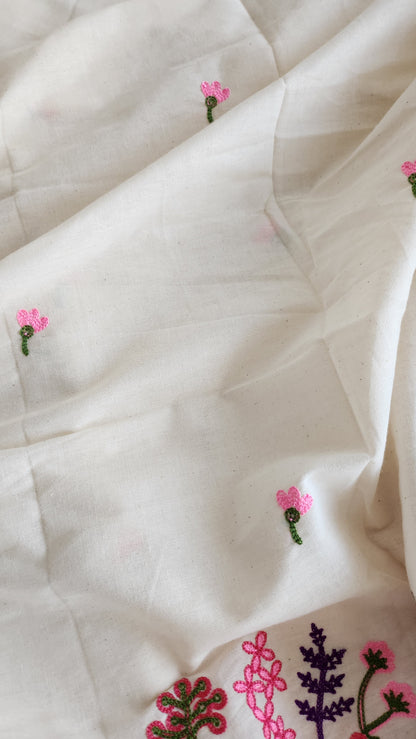 Pure kora cotton with beautiful floral and leaf embroidery work with daman and butti all over
