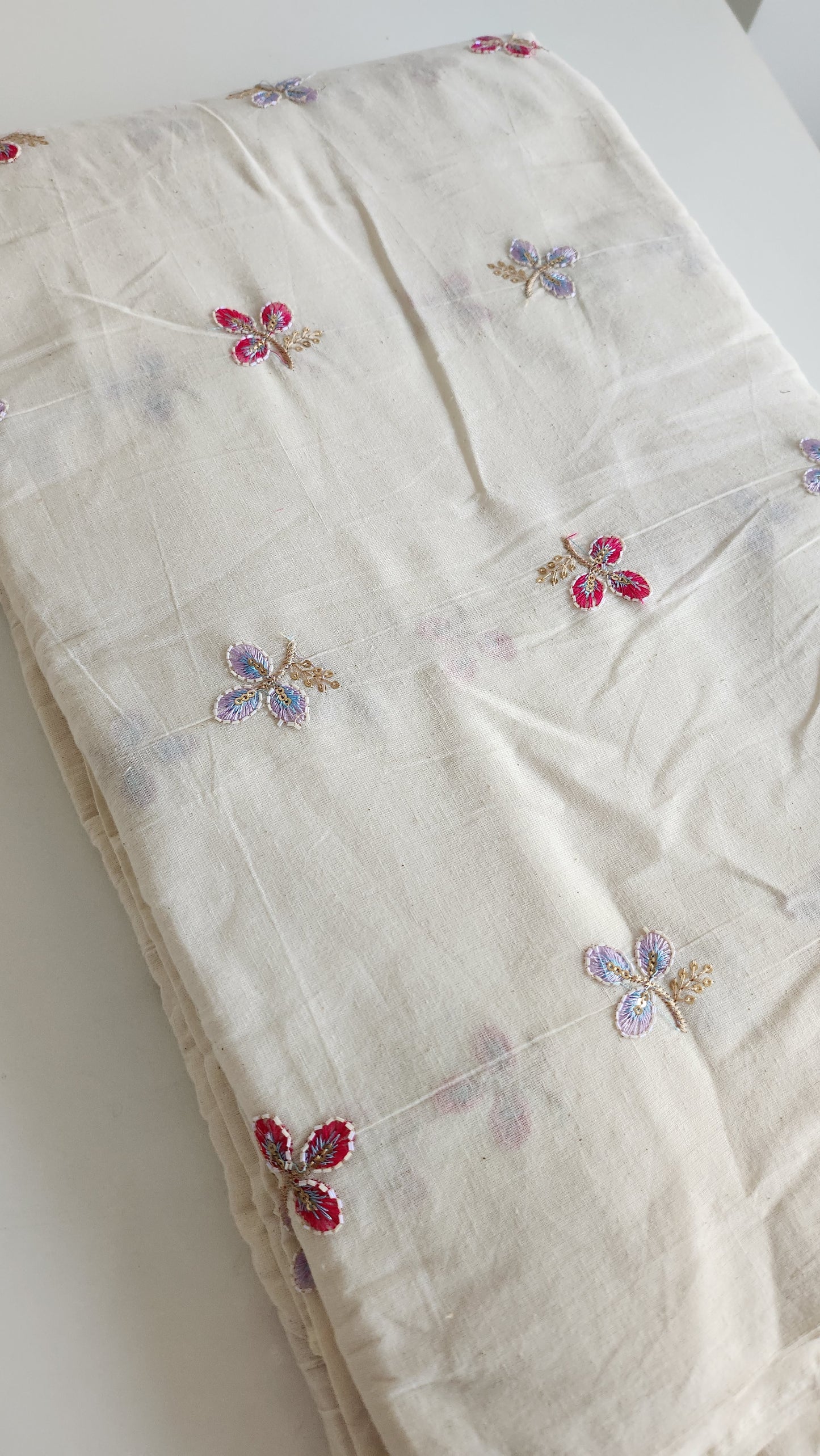 Pure kora cotton multi color three petal embroidery with sequence work