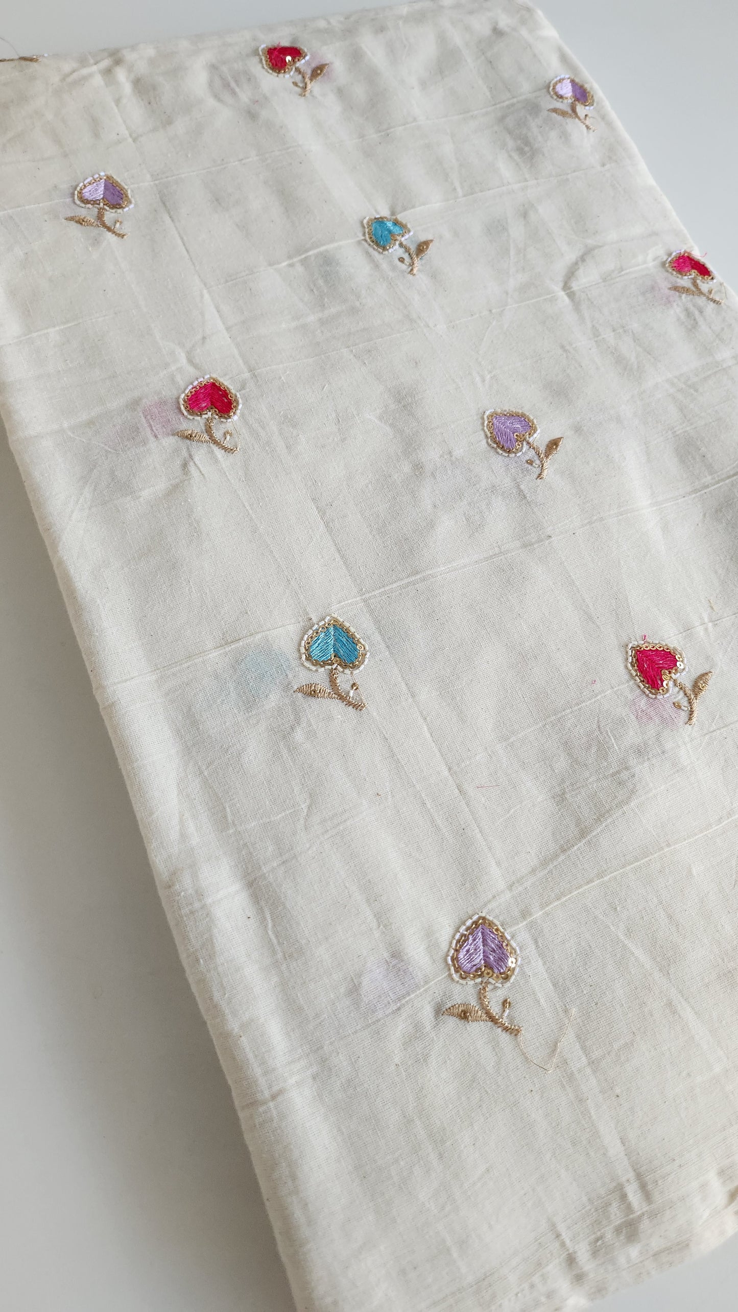 Pure kora cotton multi color Heart with beads embroidery with sequence work