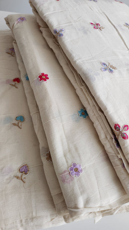 Pure kora cotton multi color three petal embroidery with sequence work