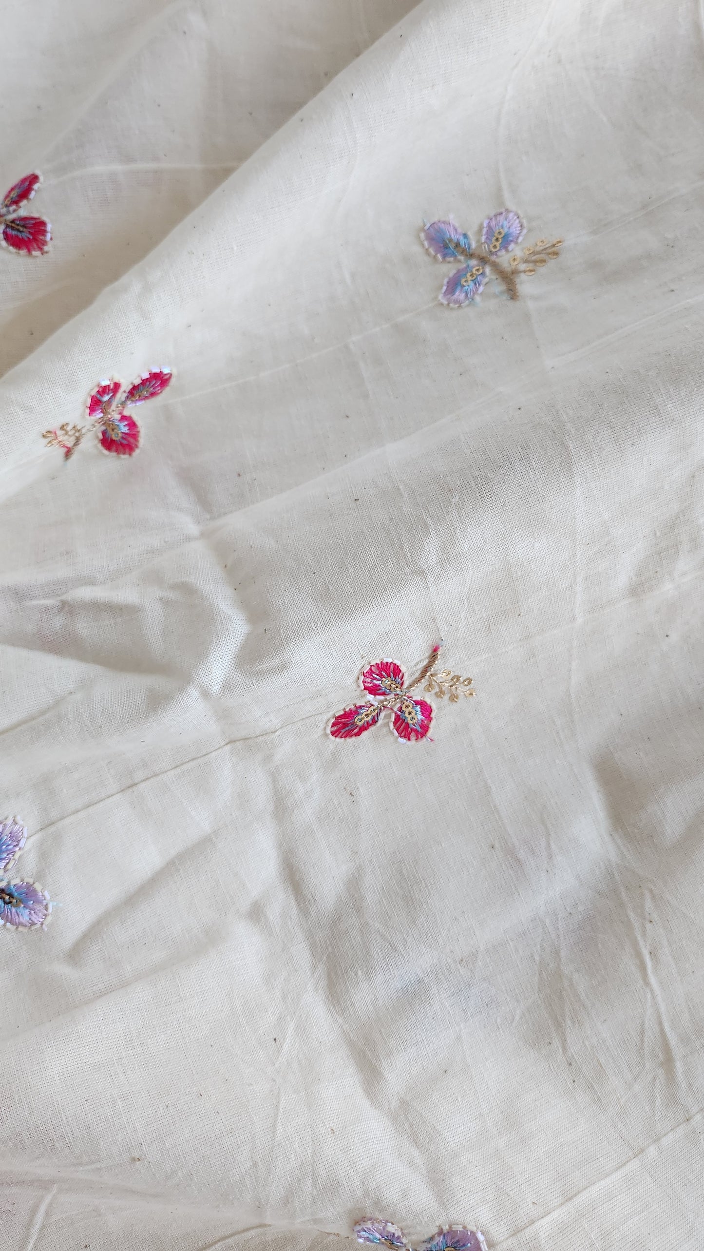 Pure kora cotton multi color three petal embroidery with sequence work