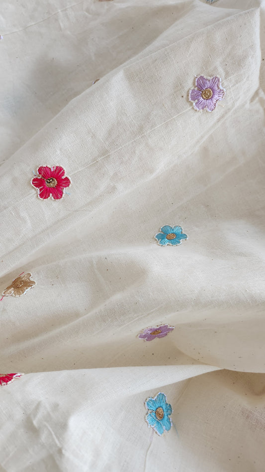 Pure kora cotton with multi color floral embroidery with sequence work