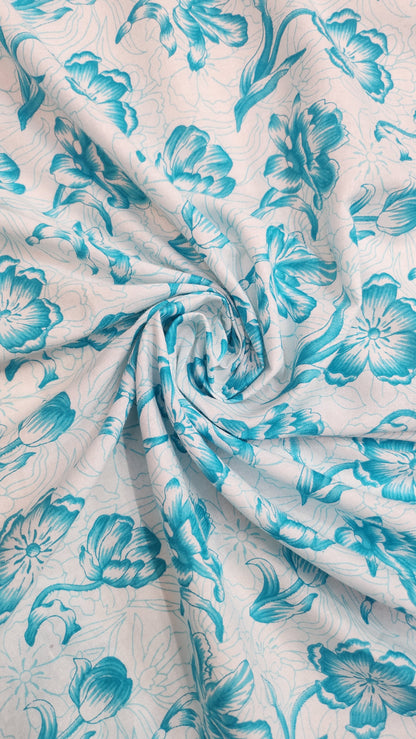 Pure cotton with white and blue floral print