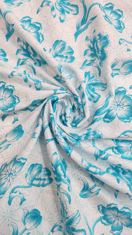 Pure cotton with white and blue floral print