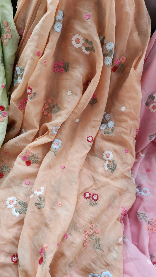 Pure Mul Chanderi Pink Color With Natural Dye Color 3D Multicolor Floral Embroidery With Sequence Work