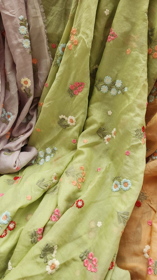 Pure Mul Chanderi Green Color With Natural Dye Color 3D Multicolor Floral Embroidery With Sequence Work