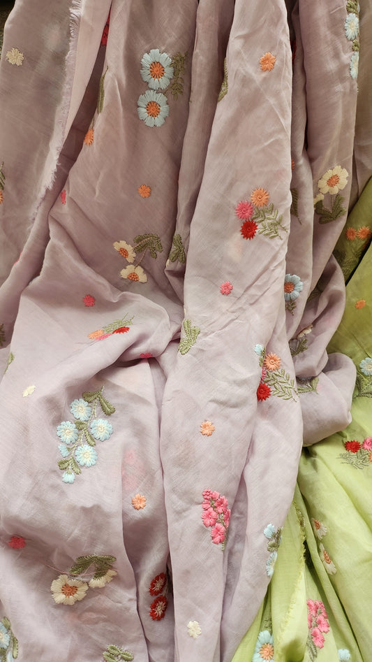 Pure Mul Chanderi Purple Color With Natural Dye Color 3D Multicolor Floral Embroidery With Sequence Work