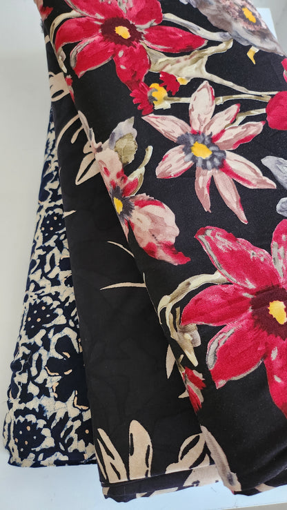 Pure Rayon Cotton Base Black color with Big Off white color floral Print All Over