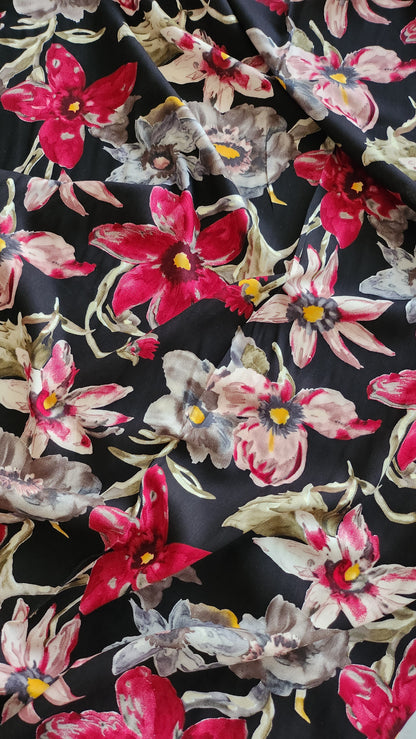 Pure Rayon Cotton Base Black color with Big Multi color floral Print All Over
