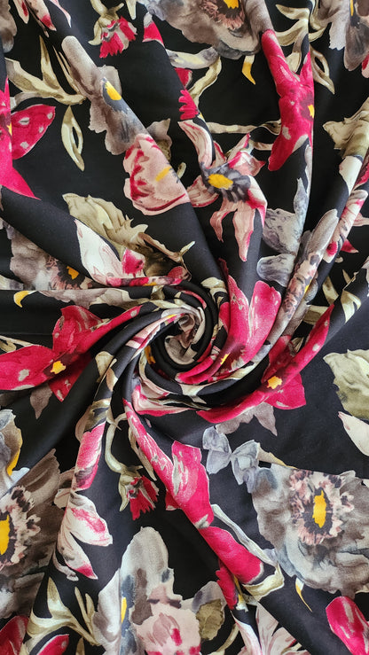 Pure Rayon Cotton Base Black color with Big Multi color floral Print All Over