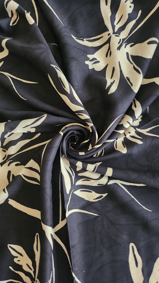 Pure Rayon Cotton Base Black color with Big Off white color floral Print All Over