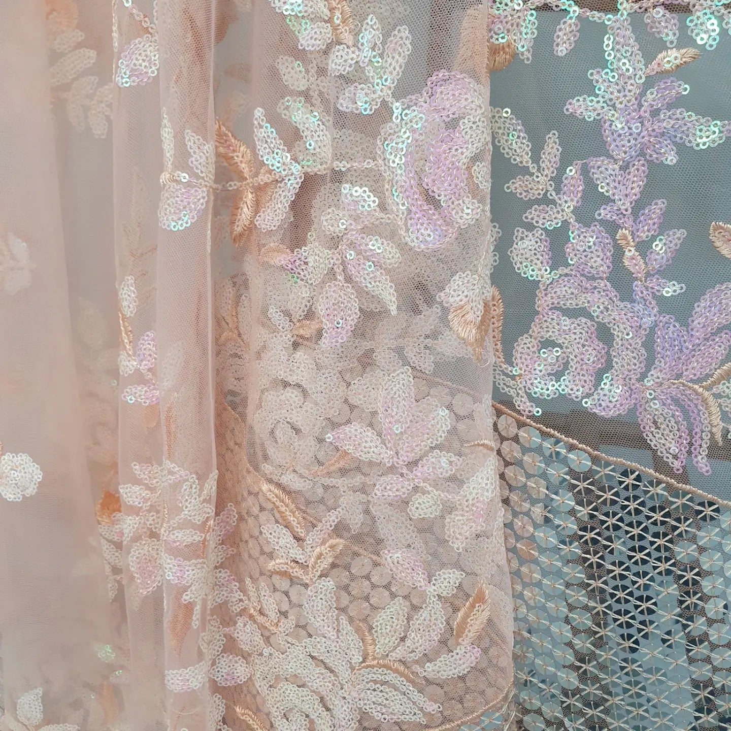 Champagne Color with Floral Sequence fabric