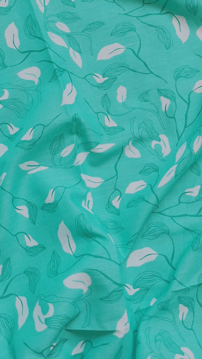 Turquoise color Leaves Printed Cotton